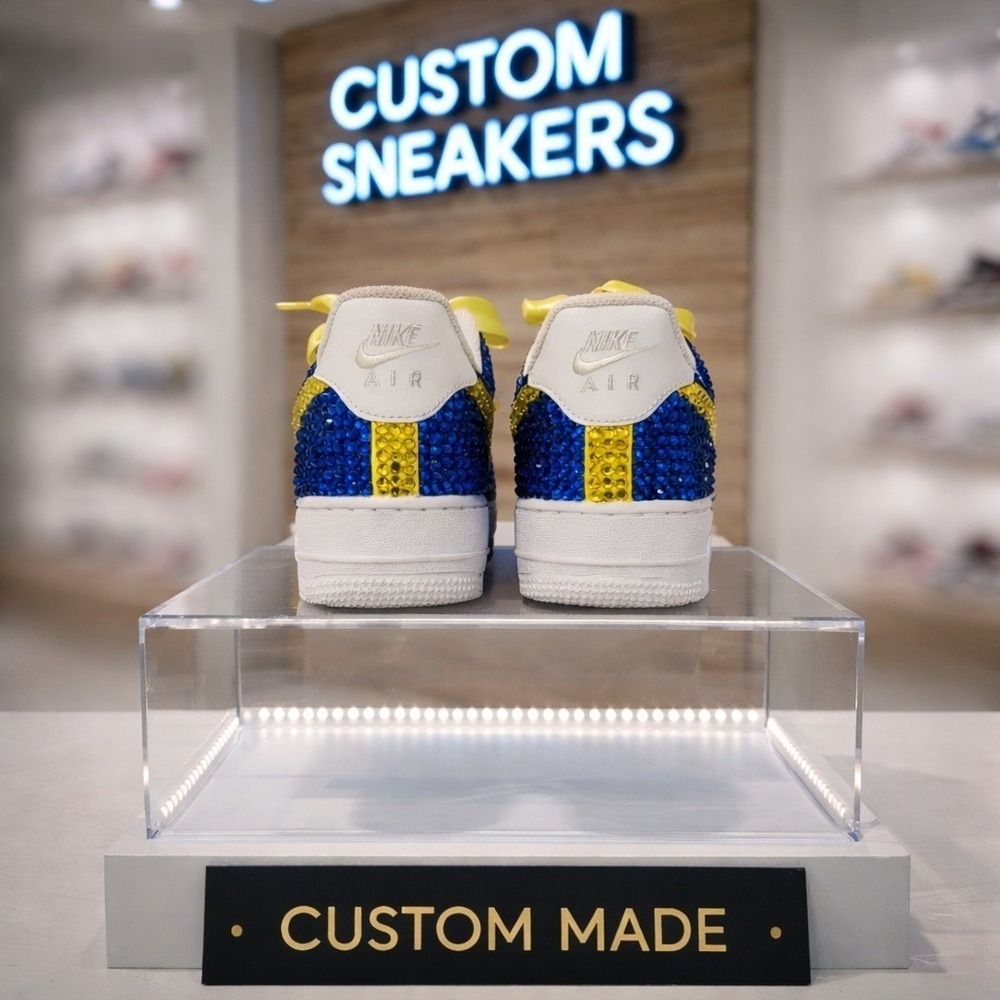 Custom Nike Air Force 1 Low Rhinestone Crystal Blue Yellow White Sneakers Womens - Picture 5 of 6